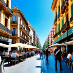 **

A bustling street scene in Barcelona, Spain. People are enjoying tapas at outdoor cafes, surrounded by colorful buildings with intricate architecture. The sky is bright blue. Focus on local life, emphasizing food, culture and vibrant city atmosphere. Safe for work, appropriate content, fully clothed, professional, perfect anatomy, natural proportions, high quality.

**