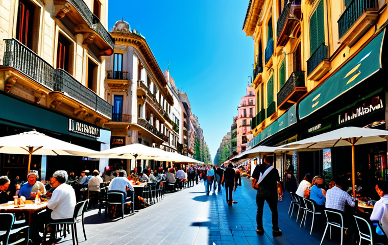 **
A bustling street scene in Barcelona, Spain. People are enjoying tapas at outdoor cafes, surrounded by colorful buildings with intricate architecture. The sky is bright blue. Focus on local life, emphasizing food, culture and vibrant city atmosphere. Safe for work, appropriate content, fully clothed, professional, perfect anatomy, natural proportions, high quality.
**