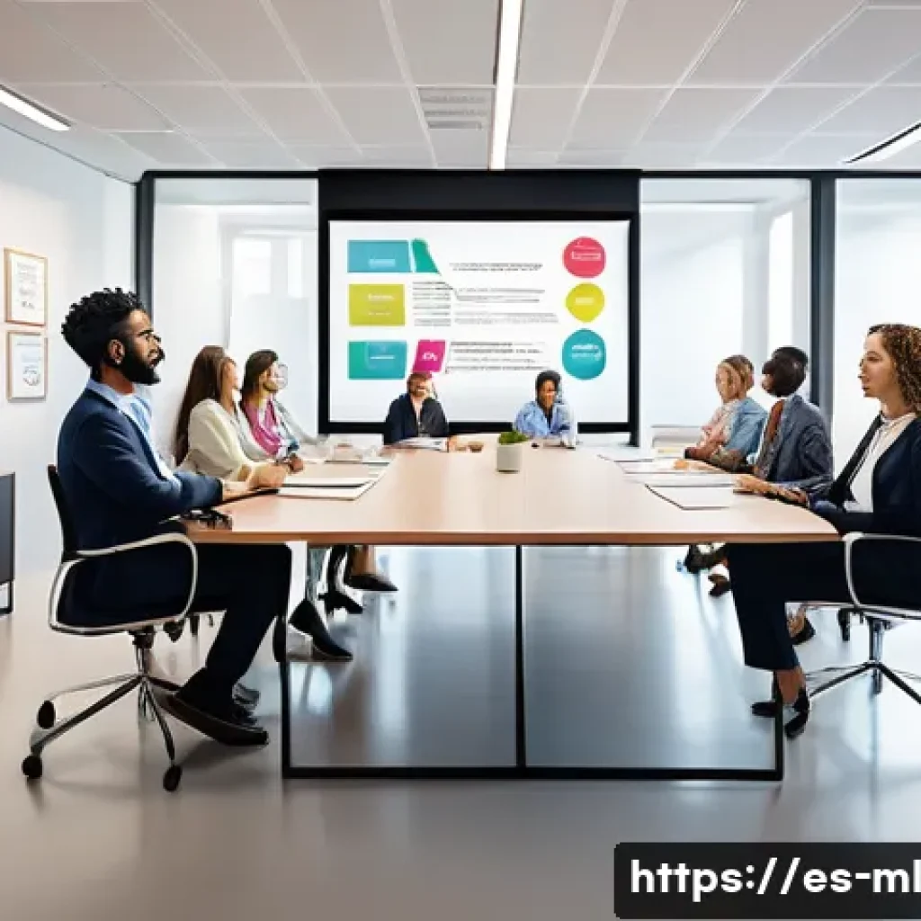 언어적 편향의 층위 분석 - A vibrant, modern office meeting scene in Spain, featuring a diverse group of professionals of diffe...