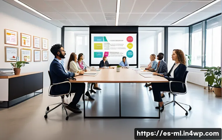 언어적 편향의 층위 분석 - A vibrant, modern office meeting scene in Spain, featuring a diverse group of professionals of diffe...