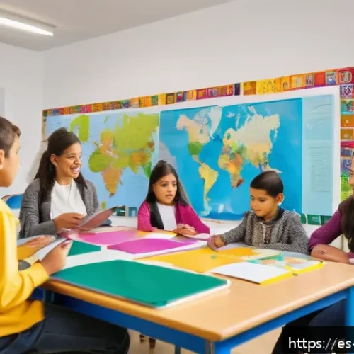 Home 32 언어적 편향 인식을 위한 교육 자료 - A diverse classroom scene in a modern Spanish-speaking school where students of various ethnic backg...