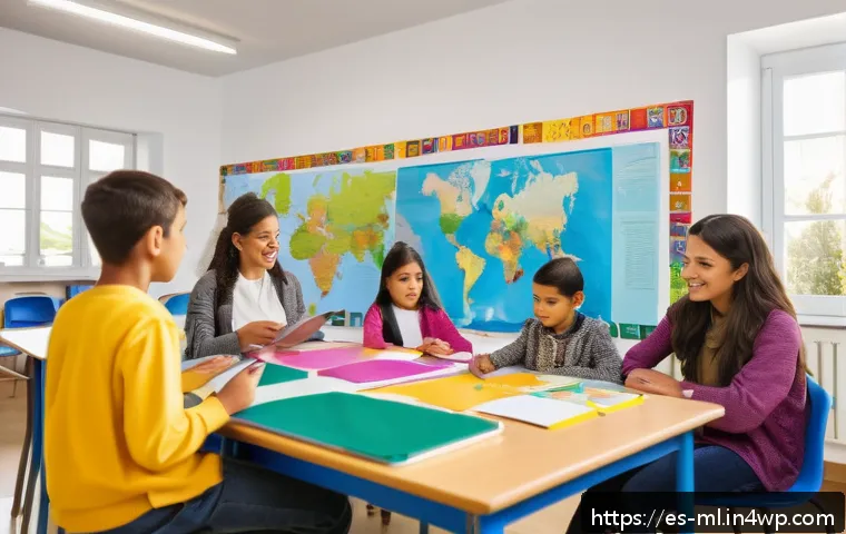 언어적 편향 인식을 위한 교육 자료 - A diverse classroom scene in a modern Spanish-speaking school where students of various ethnic backg...