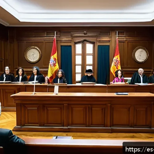 Home 17 언어적 편향의 법적 쟁점 - A modern courtroom scene in Spain featuring a diverse group of judges, lawyers, and interpreters wor...