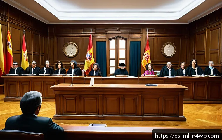 언어적 편향의 법적 쟁점 - A modern courtroom scene in Spain featuring a diverse group of judges, lawyers, and interpreters wor...