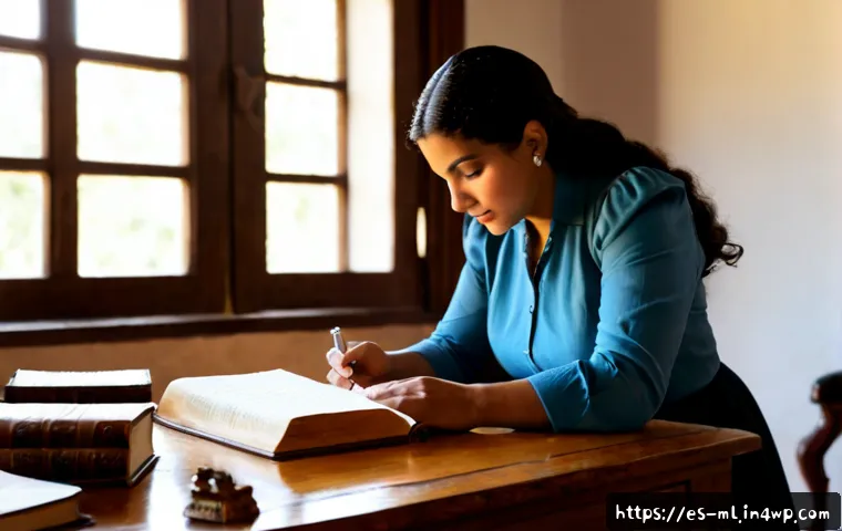 Home 17 언어적 편향의 역사적 배경 - Photorealistic historical study scene in a sunlit Spanish colonial archive, a Hispanic female histor...